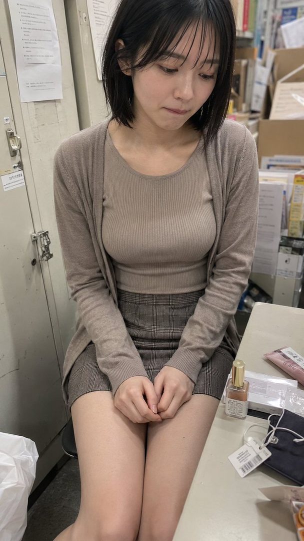 A young woman with short black hair and bangs, wearing a beige top and cardigan with a plaid skirt, sits indoors with her hands clasped.