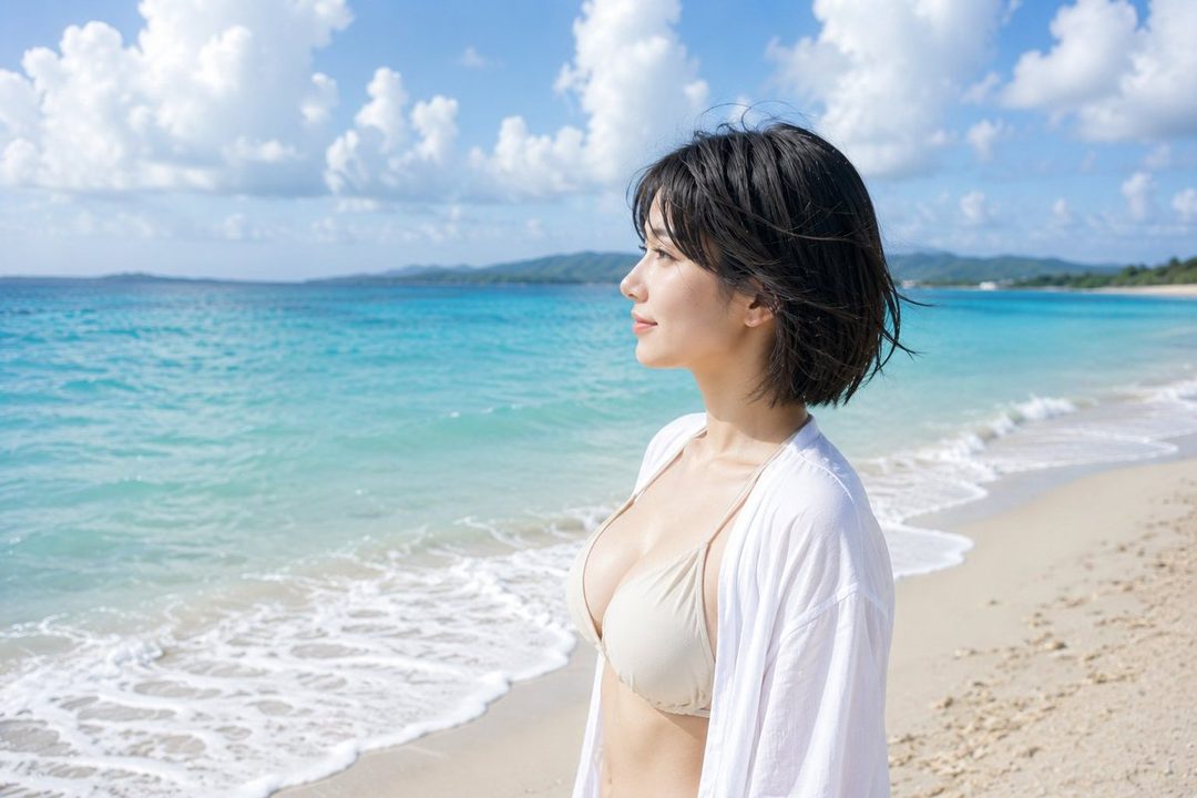 A young woman with short black hair, wearing a beige bikini top and a white cover-up, stands on a sandy beach looking out at the turquoise ocean under a blue sky with white clouds.