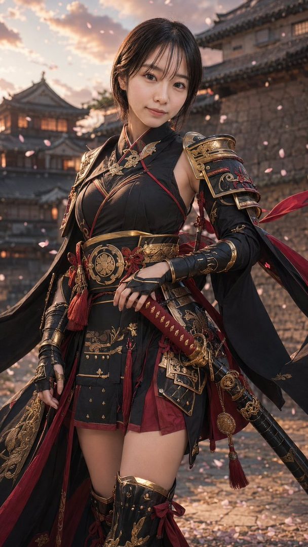 A photorealistic portrait of a young woman in samurai armor with a katana, standing outdoors with cherry blossoms falling around her.