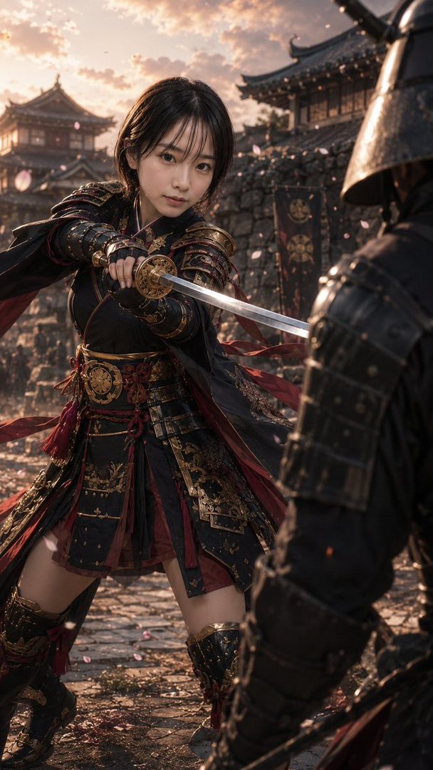 A photorealistic image of a Japanese female warrior in ornate armor, holding a katana, facing another warrior in a historical setting with cherry blossoms falling.