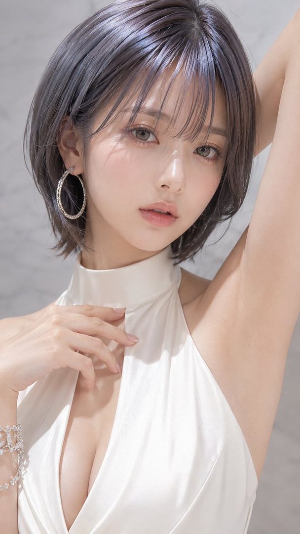 A photorealistic portrait of a woman with short silver hair and bangs, wearing a white halter-neck dress, looking directly at the camera.