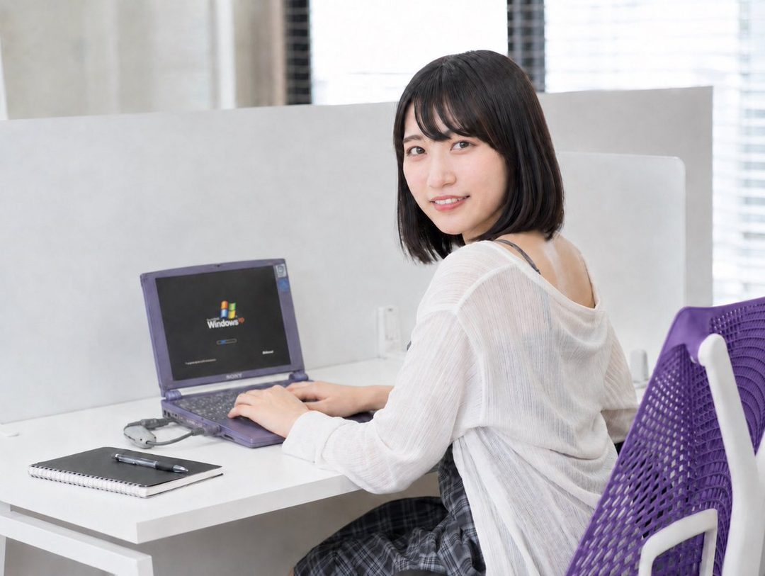 A young woman with short black hair smiles at the camera while sitting at a desk with a purple laptop displaying the Windows XP logo.