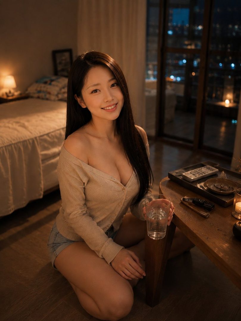 A smiling woman with long dark hair sits on the floor in a bedroom with a city night view, wearing an off-shoulder cardigan and denim shorts.
