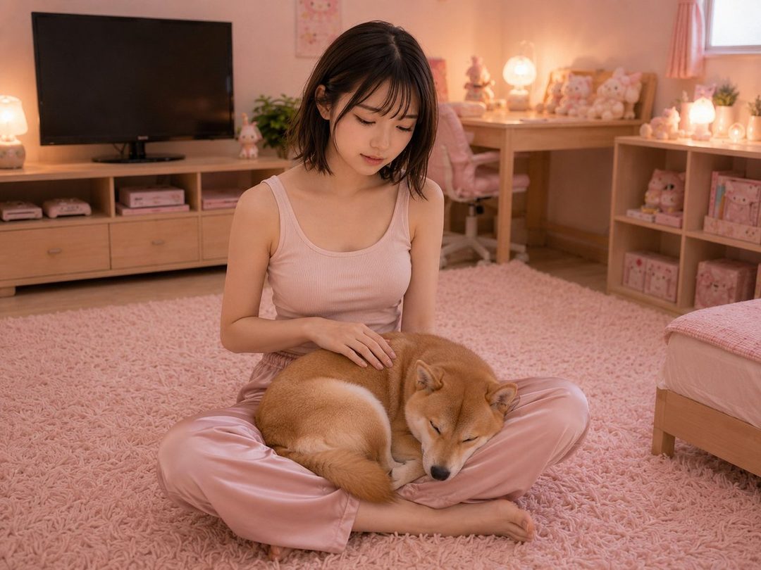 A young woman with short black hair sits on a pink rug, gently petting a sleeping Shiba Inu in a cozy, pink-themed room.