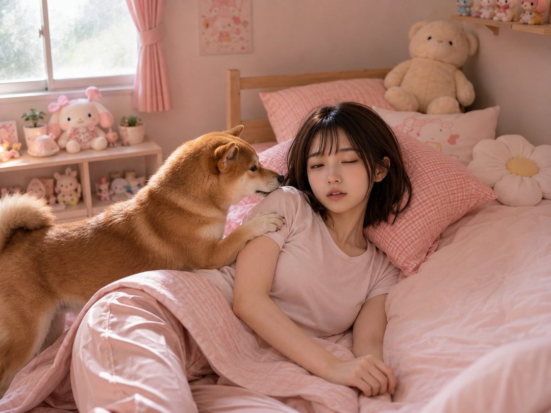 A cute East Asian woman with short brown hair is lying in bed with a Shiba Inu dog in a pink-themed bedroom.