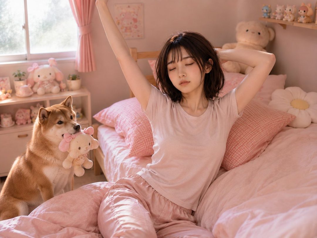 A young woman with short brown hair stretches in a pink bedroom with a Shiba Inu dog holding a plush toy.