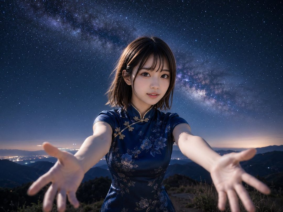 A young woman in a blue floral cheongsam extends her hands towards the viewer under a starry night sky with the Milky Way visible.