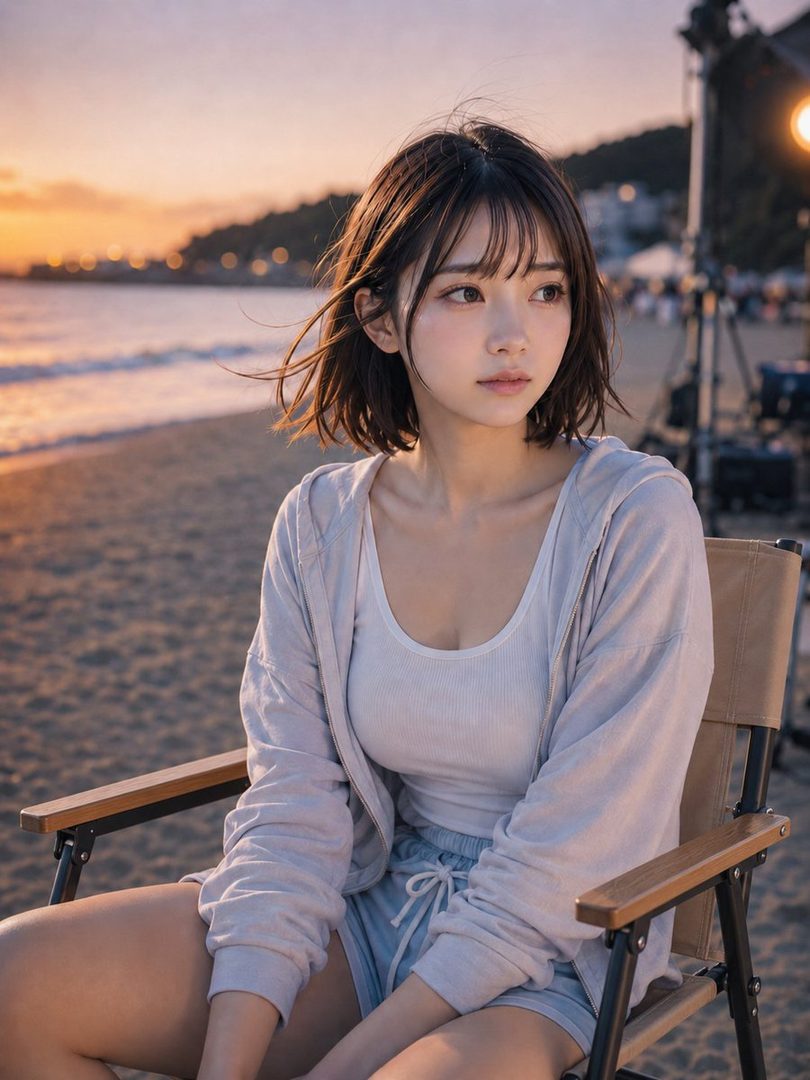 A young woman with short brown hair and bangs sits on a beach chair at golden hour, looking thoughtfully into the distance.
