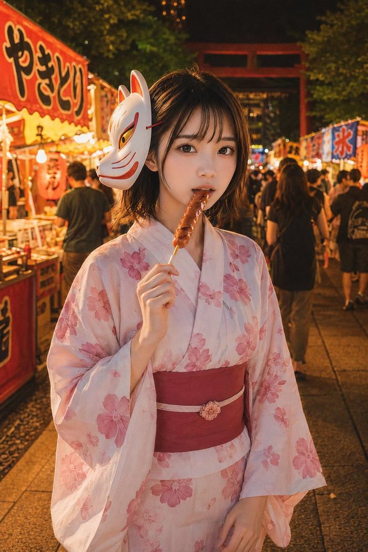 A young woman in a pink floral yukata with a fox mask on her head eats street food at a night festival.