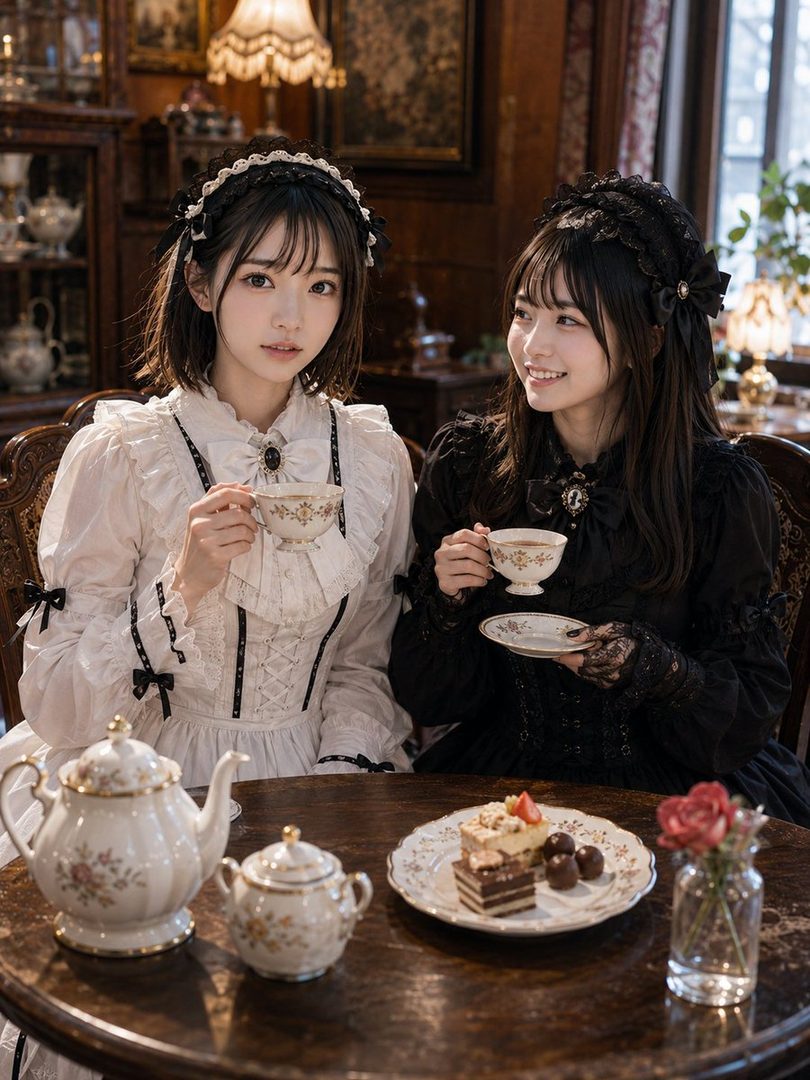 Two young women in elegant dresses are having tea and cake at a table in a richly decorated indoor setting.