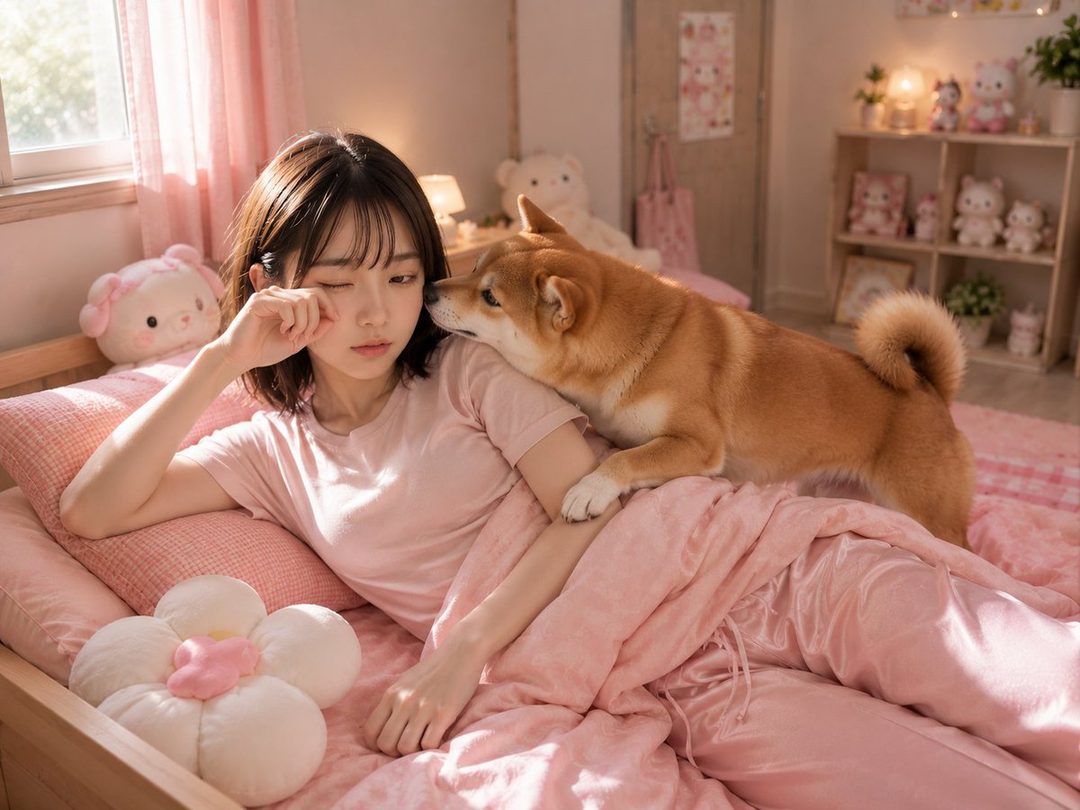 A young woman in pink pajamas lies in bed with a Shiba Inu dog nuzzling her face in a pink-themed bedroom.