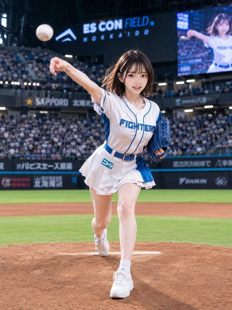 A young woman in a baseball uniform is pitching a ball on a baseball field, with a stadium and crowd in the background.