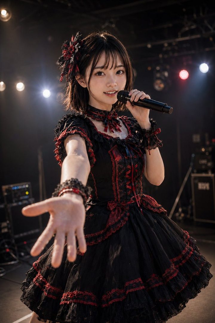 A young woman with short black hair and a black and red gothic-style dress holds a microphone and extends her hand towards the viewer on a stage.