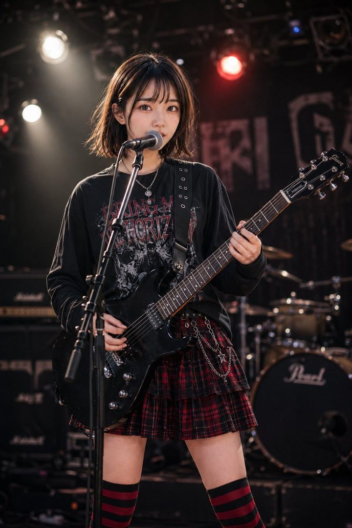 A young woman with short black hair, wearing a black long-sleeve shirt and a red plaid skirt, plays an electric guitar on stage with a microphone in front of her.