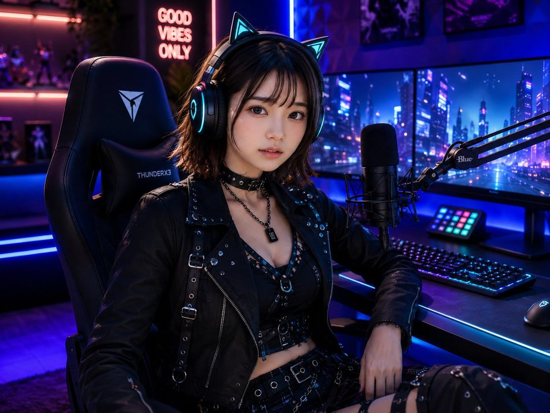 A young woman with black hair and cat-ear headphones sits in a gaming chair in a neon-lit room, wearing a black leather jacket and choker, with a microphone and computer monitors displaying a city skyline in the background.