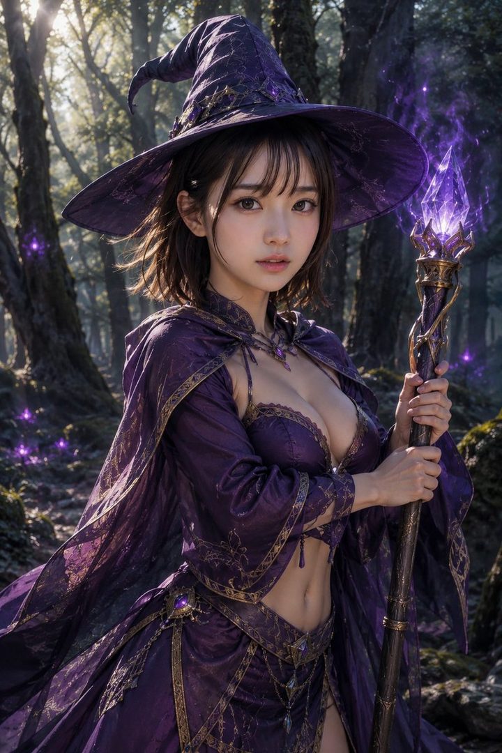 A photorealistic portrait of a young woman dressed as a witch in a purple outfit, holding a glowing staff in a mystical forest.