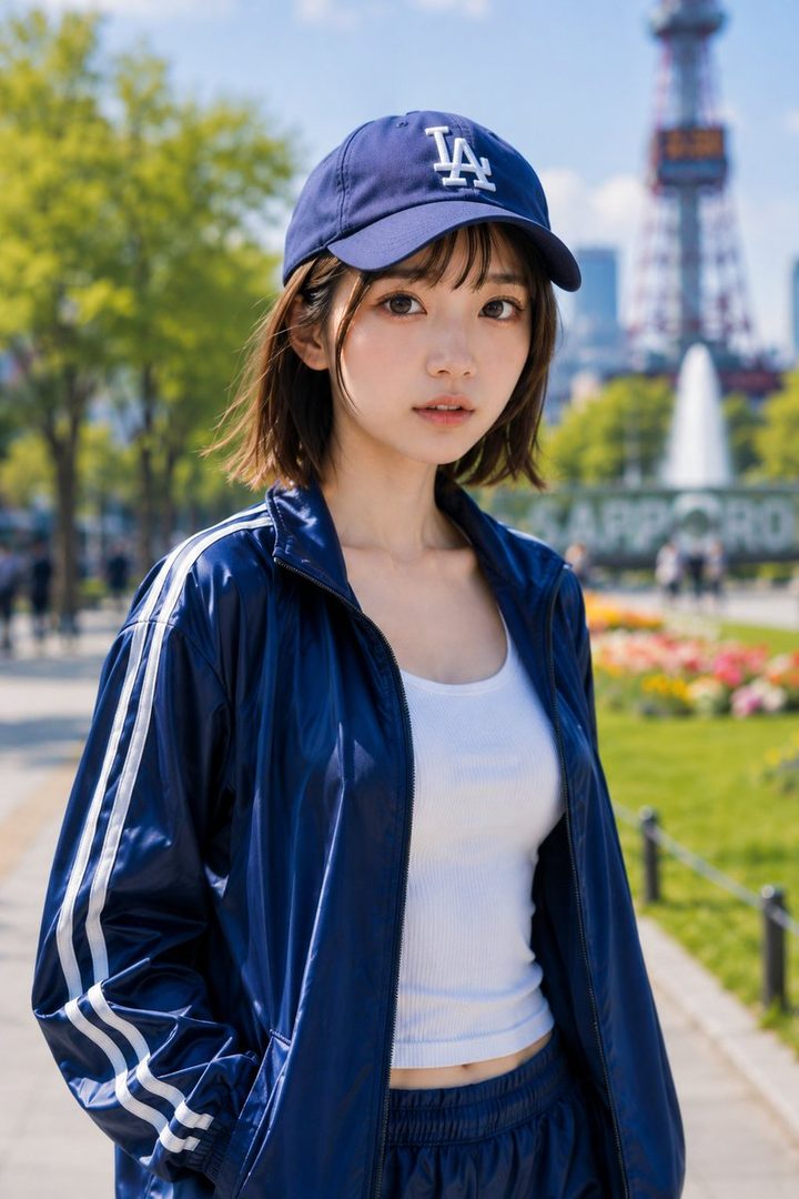A young woman with short brown hair and a blue baseball cap wears a blue track jacket and white top, standing outdoors in a park with a tower in the background.