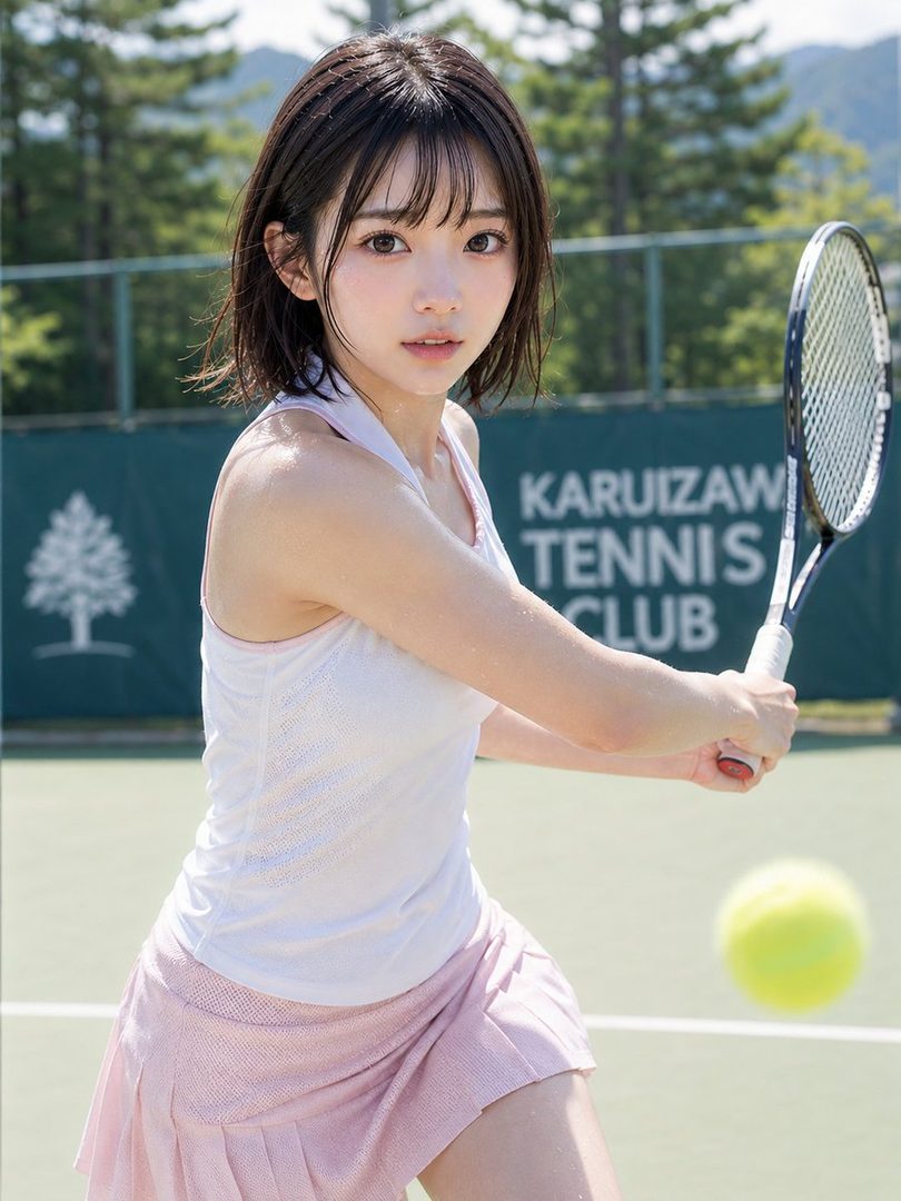 A young woman with short black hair and bangs, wearing a white tank top and pink pleated skirt, holds a tennis racket on a sunny outdoor tennis court.