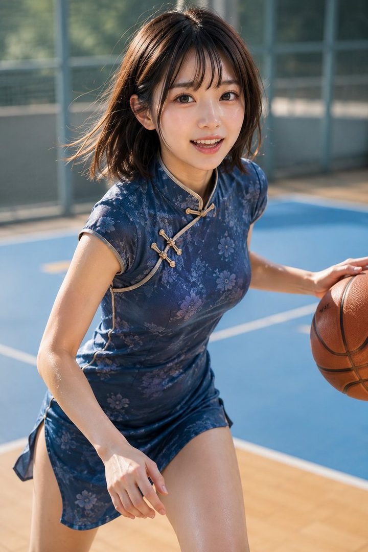 A young woman with short brown hair, wearing a blue floral cheongsam, is playing basketball outdoors on a sunny day.