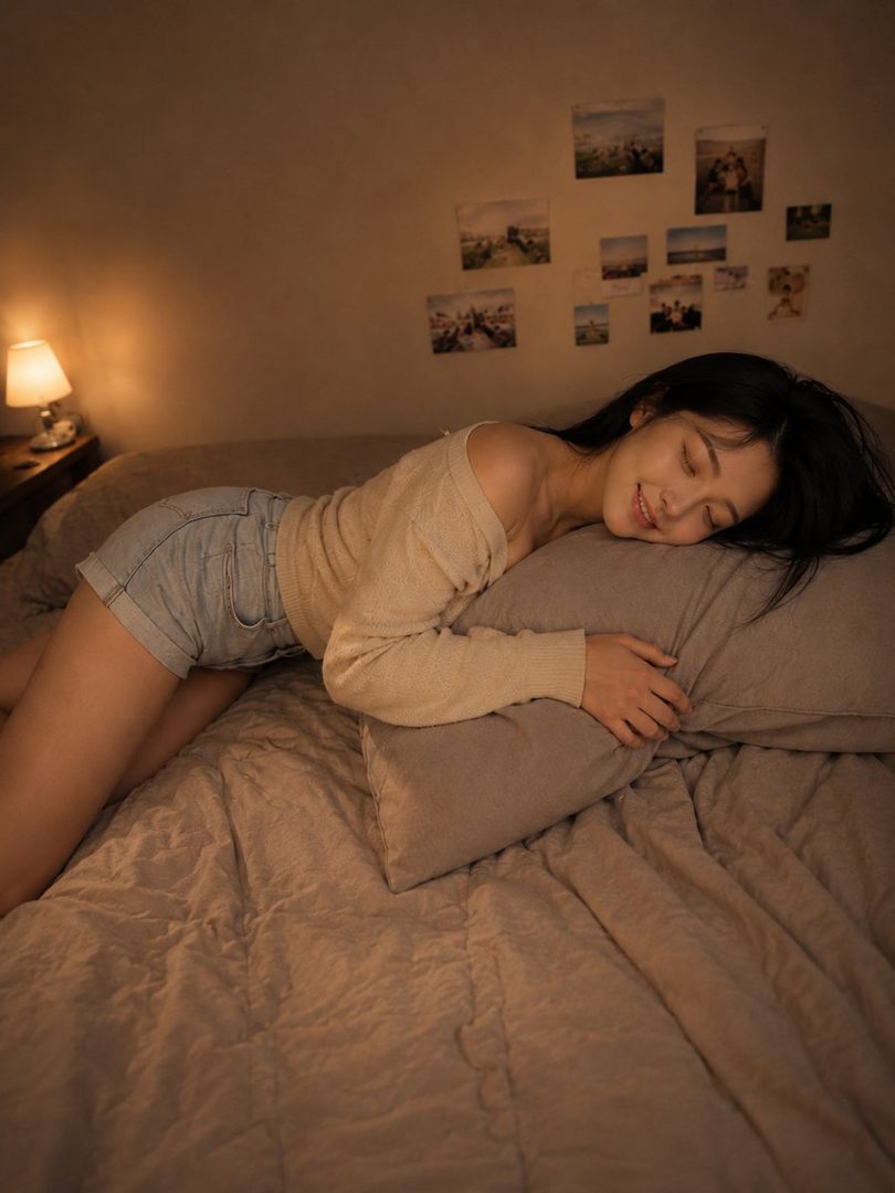 A woman with long black hair and an off-shoulder sweater lies on a bed, smiling with her eyes closed, in a warmly lit bedroom.