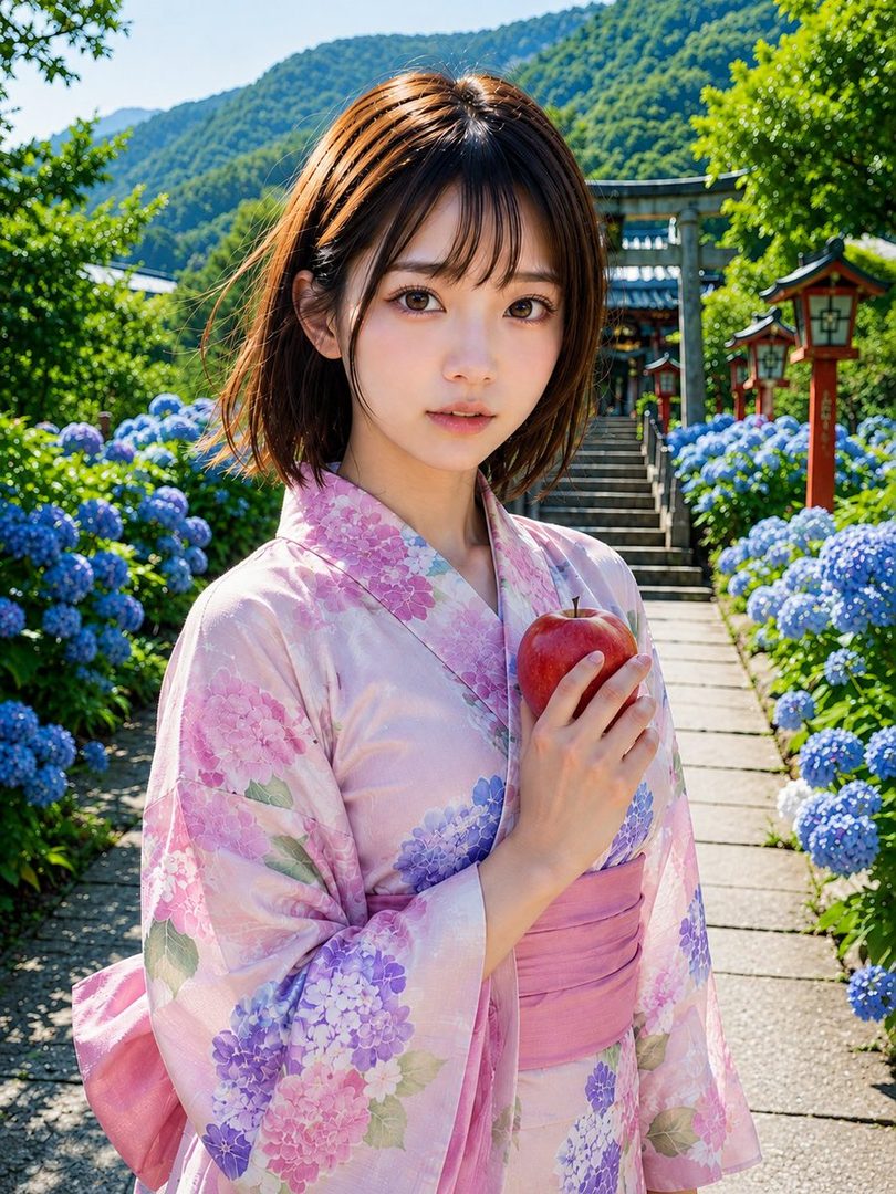 A young woman in a pink kimono with hydrangea patterns holds a red apple, standing on a stone path surrounded by blue hydrangeas with a traditional Japanese gate in the background.