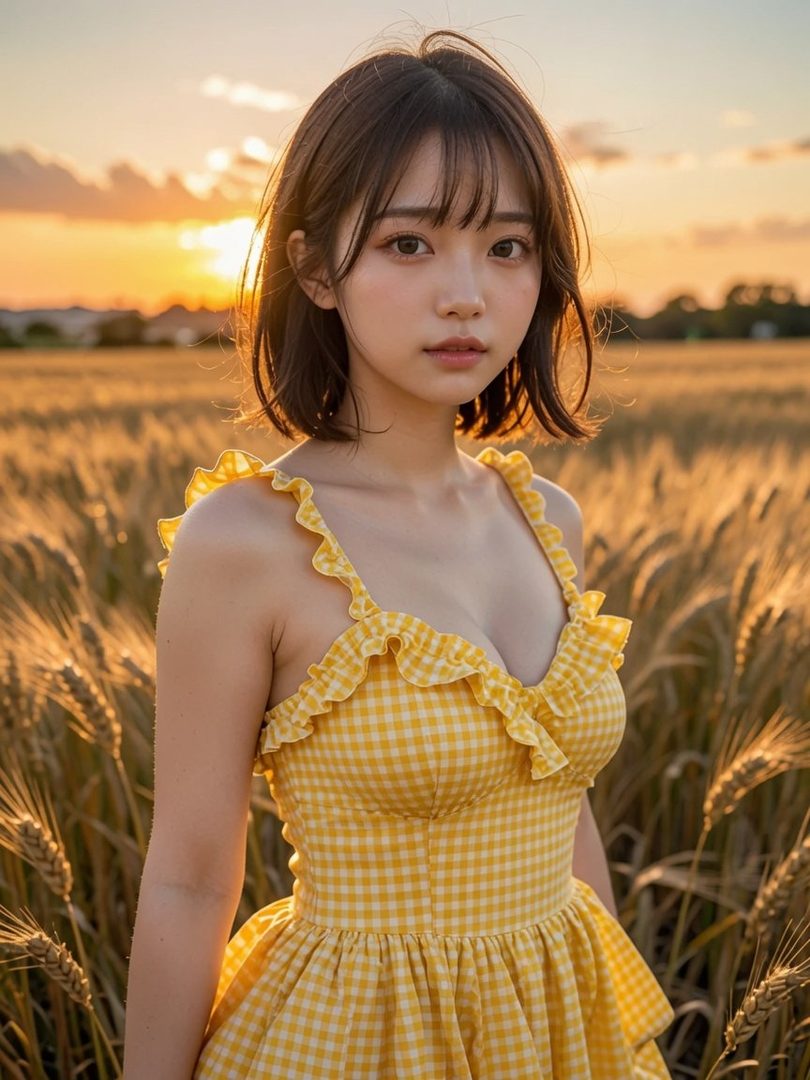 A young woman with short brown hair and a yellow gingham dress stands in a golden wheat field at sunset.