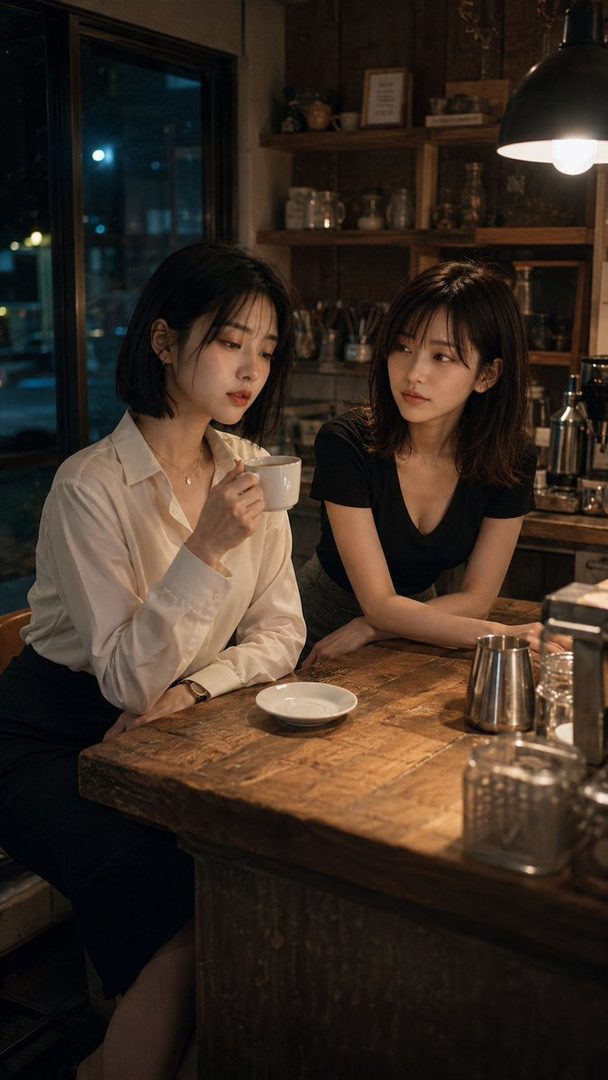 Two young women are sitting at a wooden counter in a dimly lit cafe at night, one holding a coffee cup.