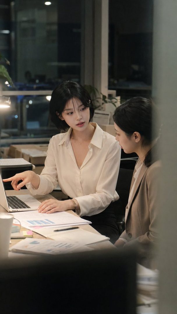 Two women are working together in an office, with one pointing at a laptop screen.