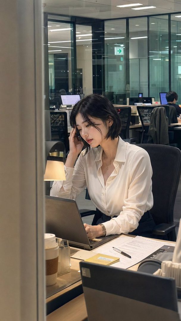 A young woman with short black hair is working on a laptop in a modern office, wearing a white blouse.
