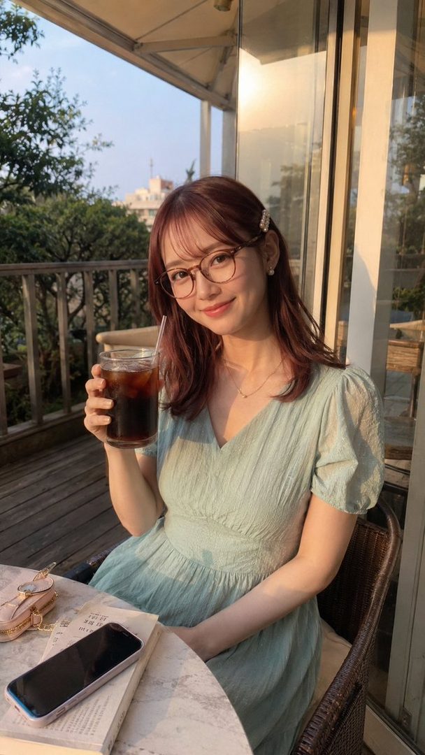 A young woman with red hair and glasses smiles while holding a glass of iced coffee on an outdoor terrace during golden hour.