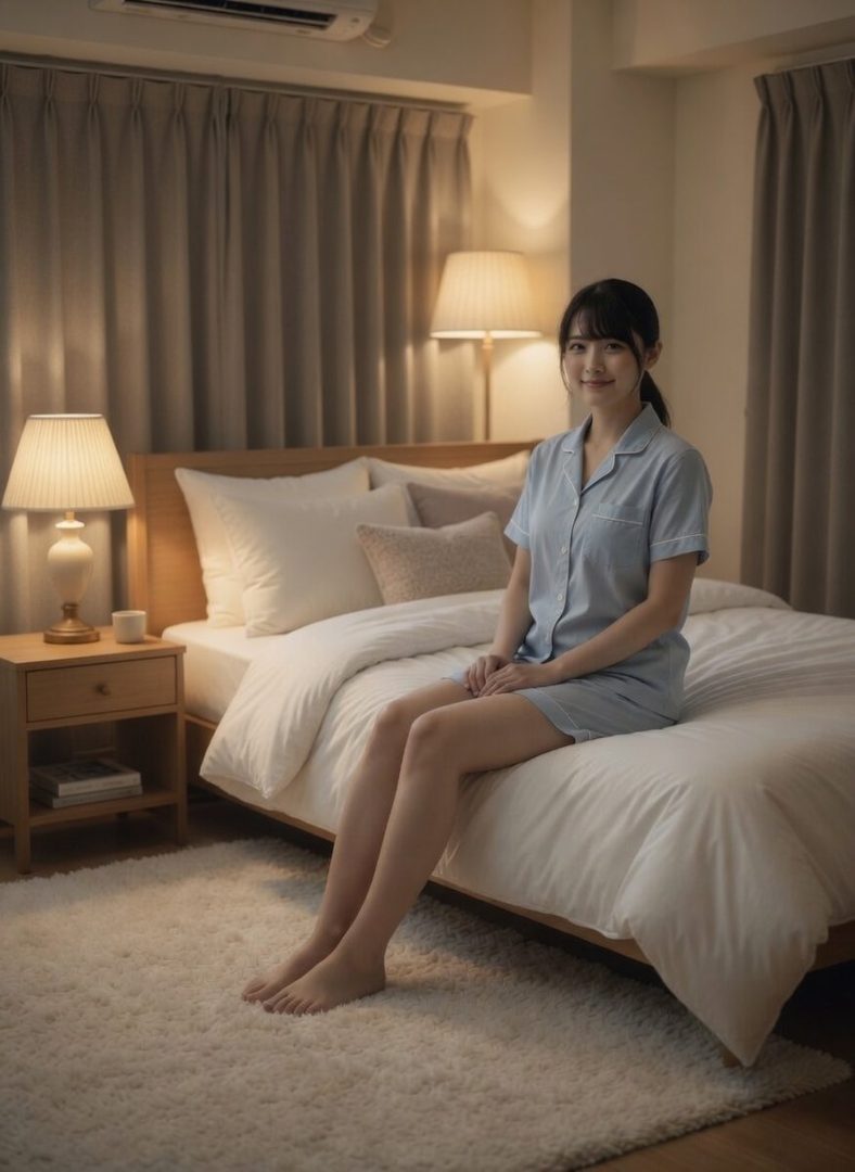A young woman in light blue pajamas sits on a bed in a softly lit bedroom, smiling gently at the camera.