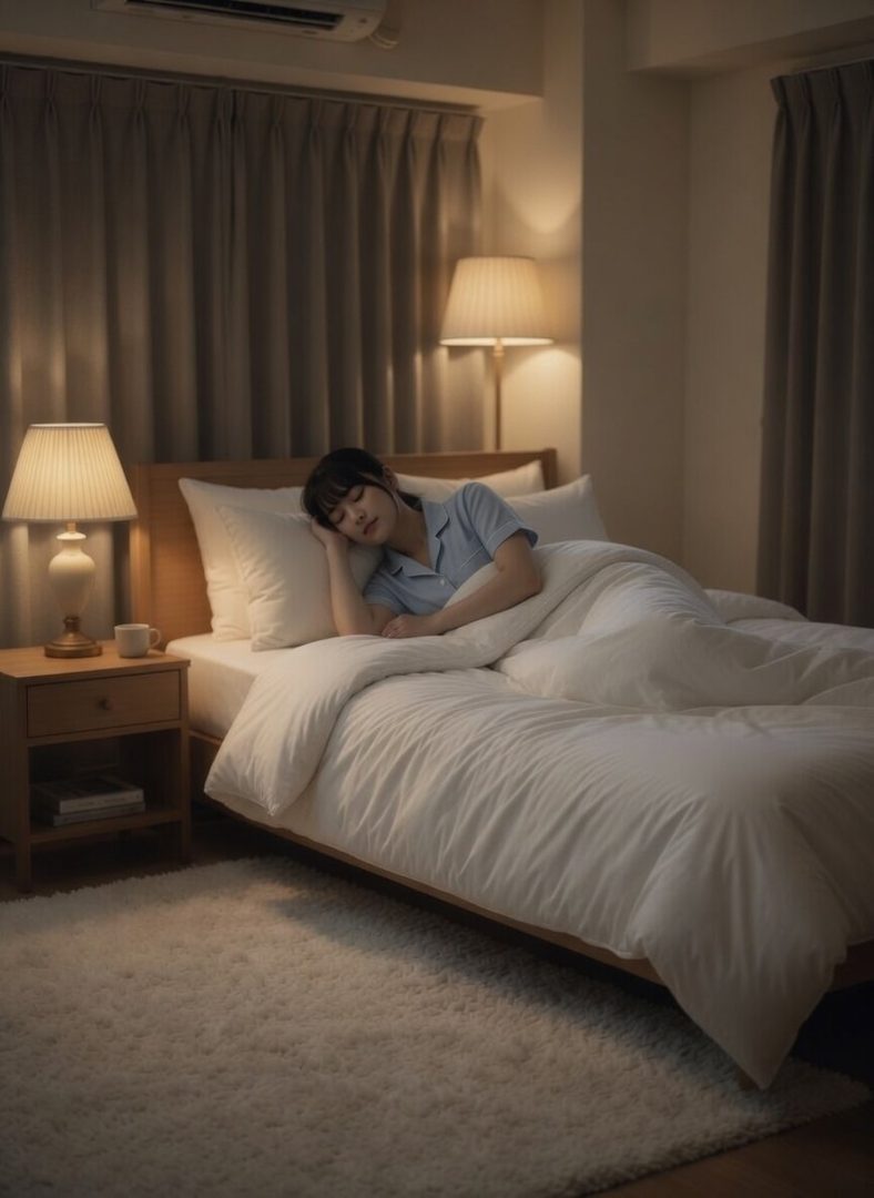 A young woman with black hair and bangs is sleeping peacefully in a cozy bedroom with warm lighting.