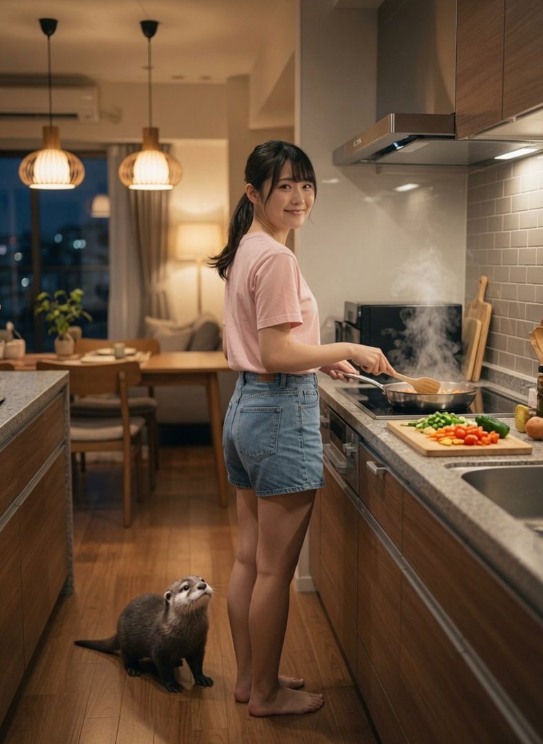 A young woman in a pink t-shirt and denim shorts cooks in a modern kitchen at night, with an otter looking up at her.