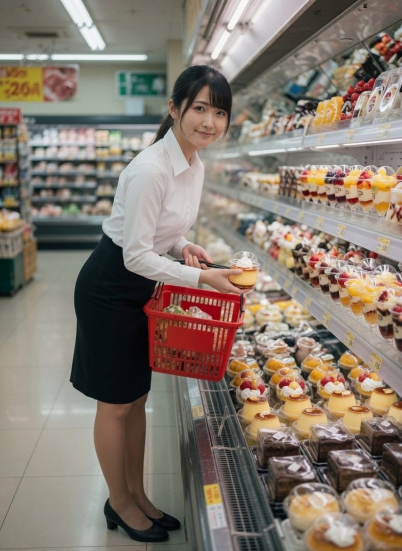 A young woman with black hair in a ponytail, wearing a white blouse and black skirt, smiles while holding a dessert in a supermarket.