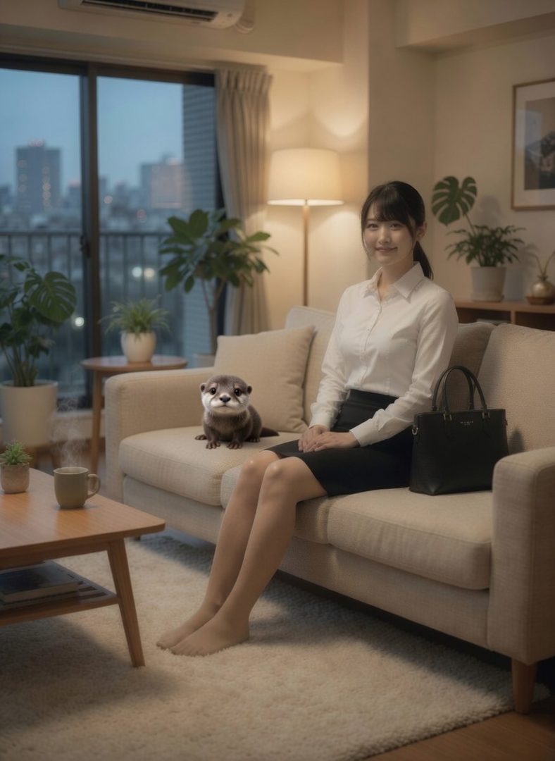 A young woman in a white blouse and black skirt sits on a sofa with a small otter plushie, smiling gently in a cozy indoor setting with city lights visible outside.
