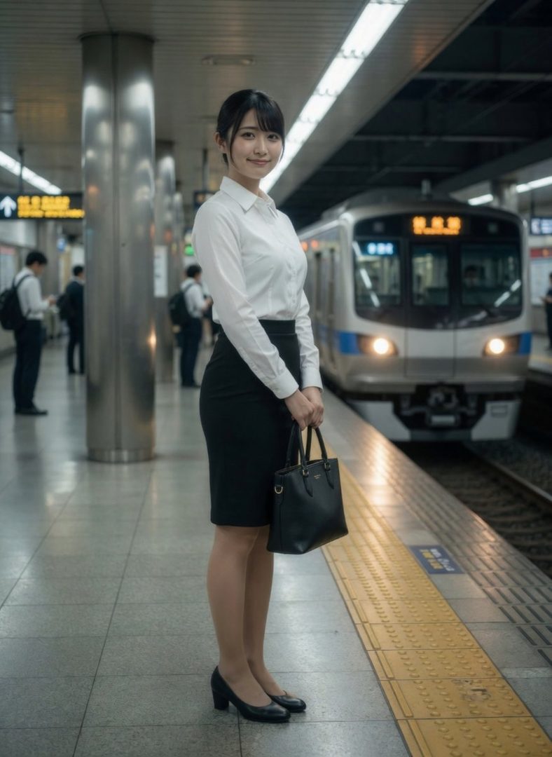 A young woman in a white shirt and black skirt stands on a train platform, holding a black handbag, with a train approaching in the background.