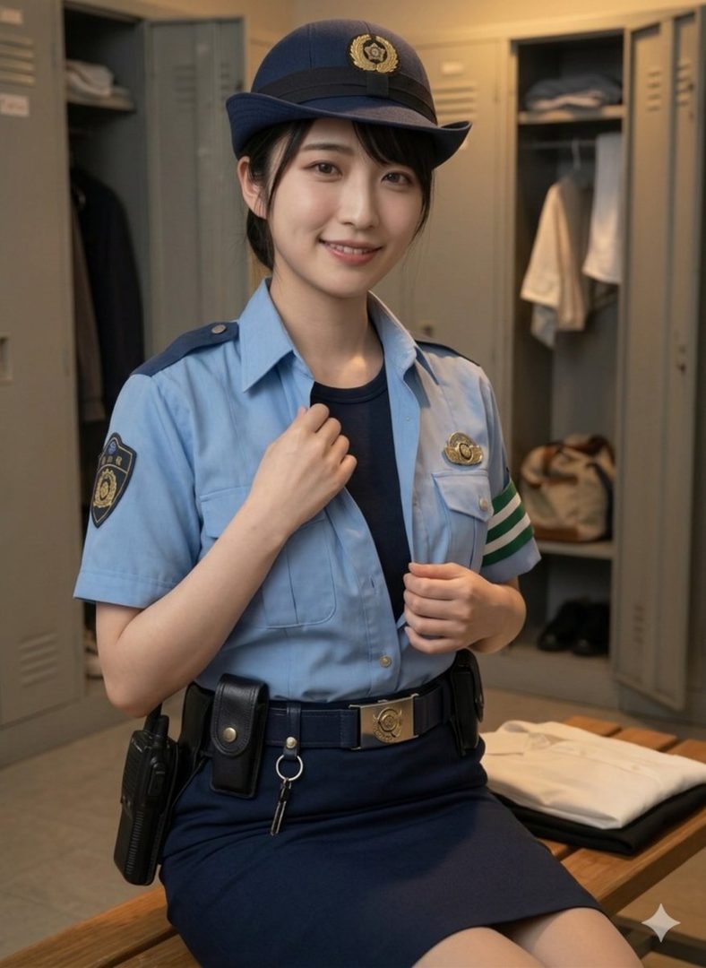 A young woman in a police uniform and hat smiles while sitting in a locker room.