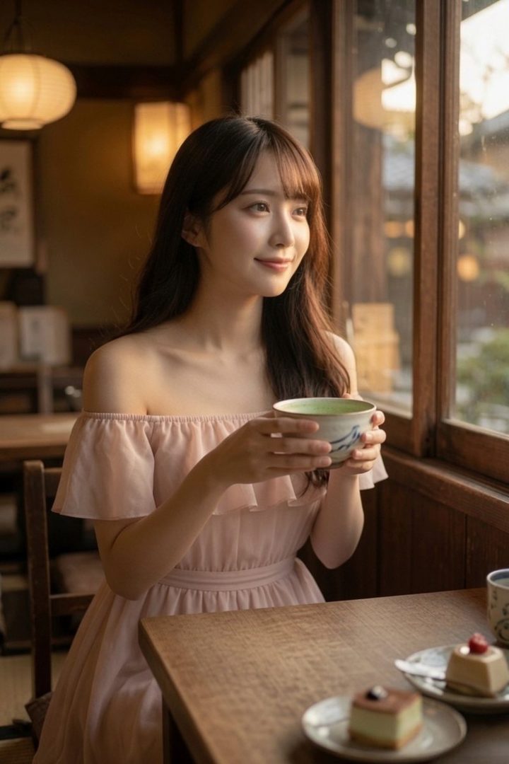 A young woman in a pink off-shoulder dress sips from a cup while looking out a window in a traditional Japanese setting during golden hour.