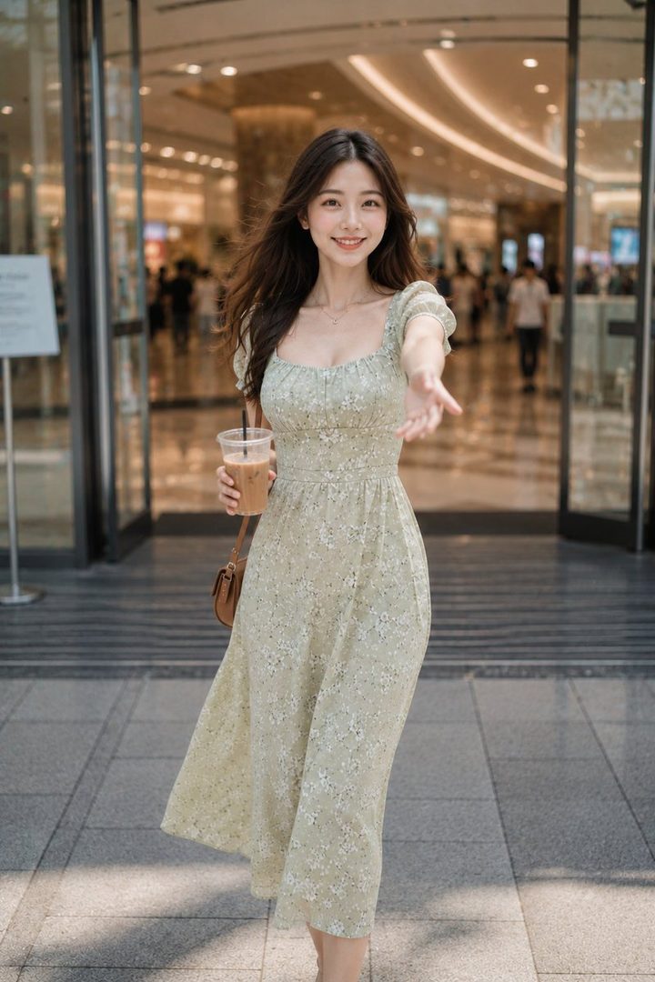 A young woman in a floral dress smiles and extends her hand while holding a drink in a shopping mall.