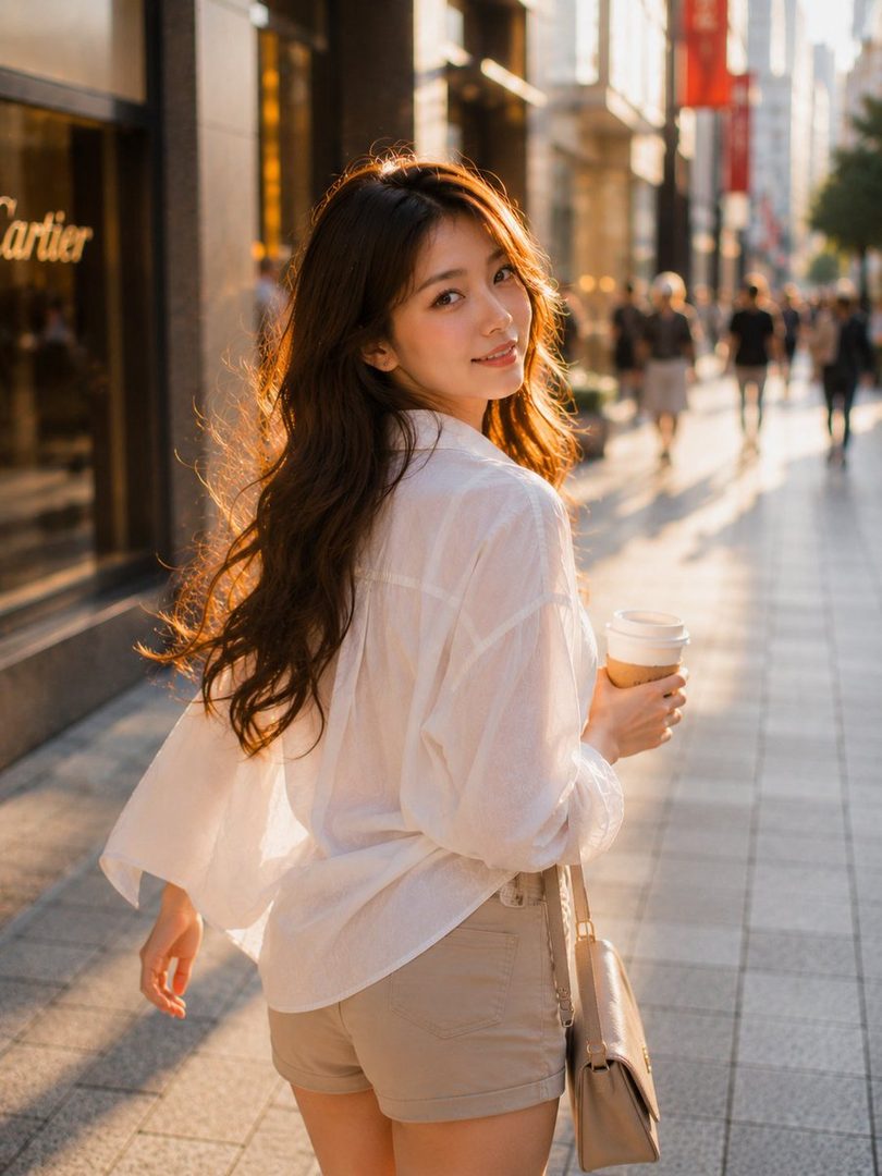 A young woman with long brown hair, wearing a white shirt and shorts, walks down a city street at golden hour, holding a coffee cup and looking back at the camera.