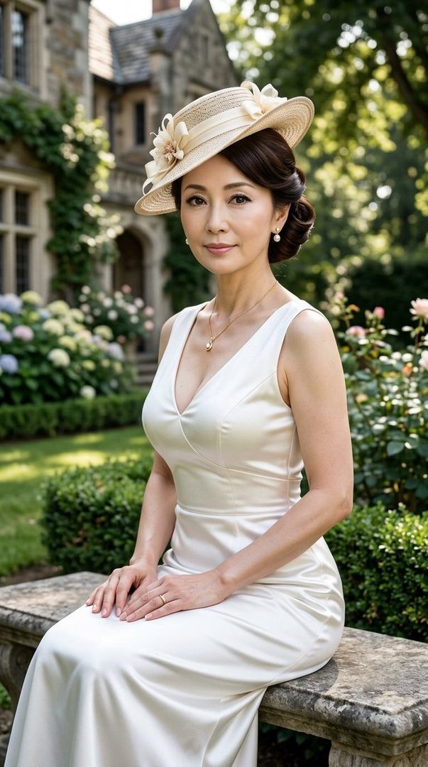 An elegant East Asian woman in a white dress and a straw hat sits on a stone bench in a lush garden.
