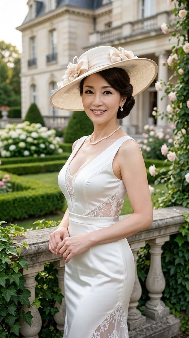 An elegant East Asian woman in a white dress and a wide-brimmed hat stands in a beautiful garden with a mansion in the background.