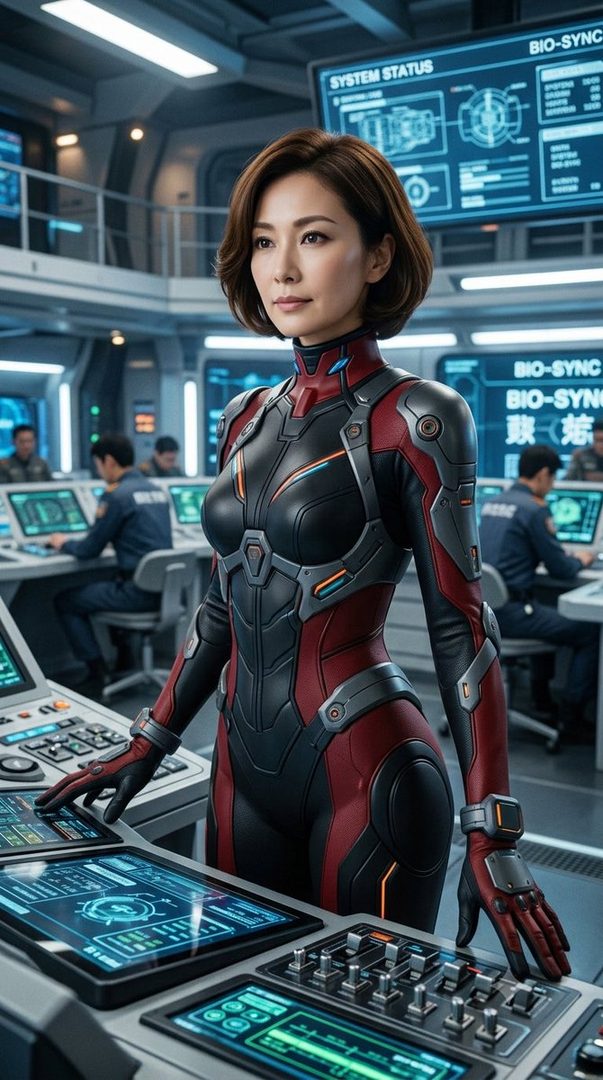 A photorealistic portrait of an East Asian woman in a futuristic red and black suit, standing in a control room with glowing screens.