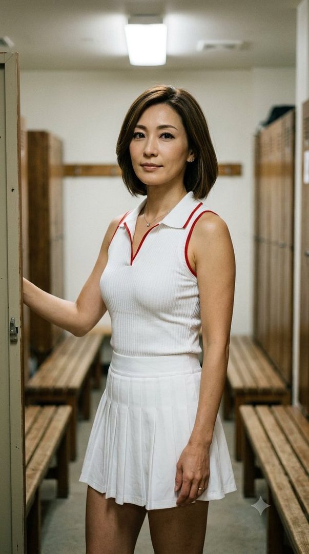 A woman with short brown hair wears a white polo shirt and pleated skirt in a locker room.