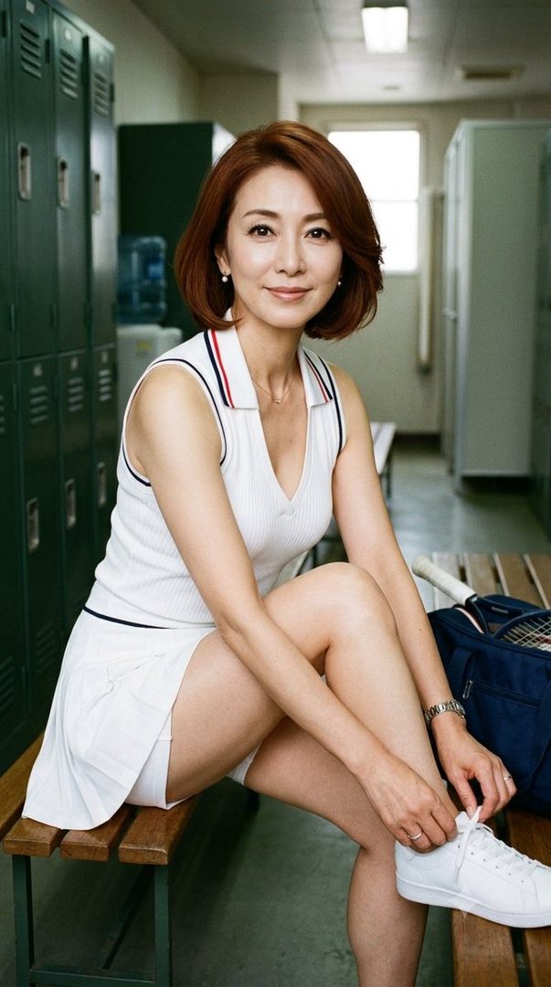 A woman with short brown hair wearing a white tennis outfit is sitting on a bench in a locker room, tying her shoelaces.
