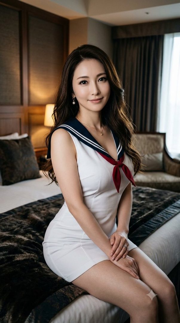 A beautiful woman with long brown hair wearing a white sailor-style dress sits on a bed in a hotel room.
