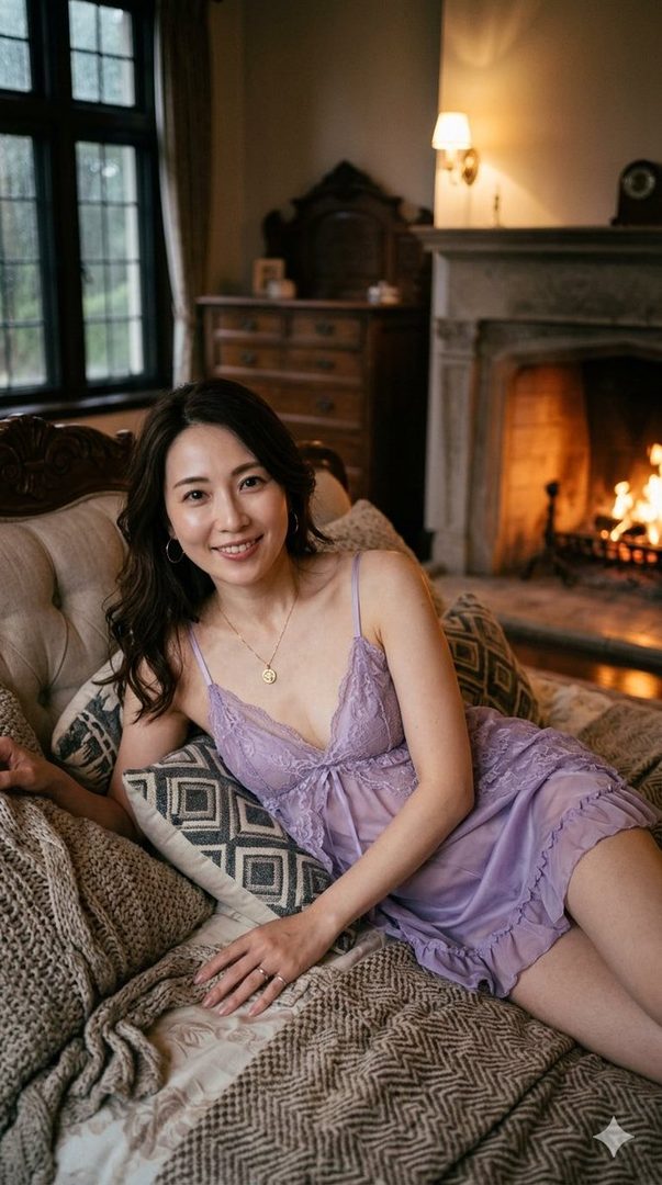A smiling East Asian woman in a sheer purple nightgown reclines on a sofa in a cozy room with a fireplace.
