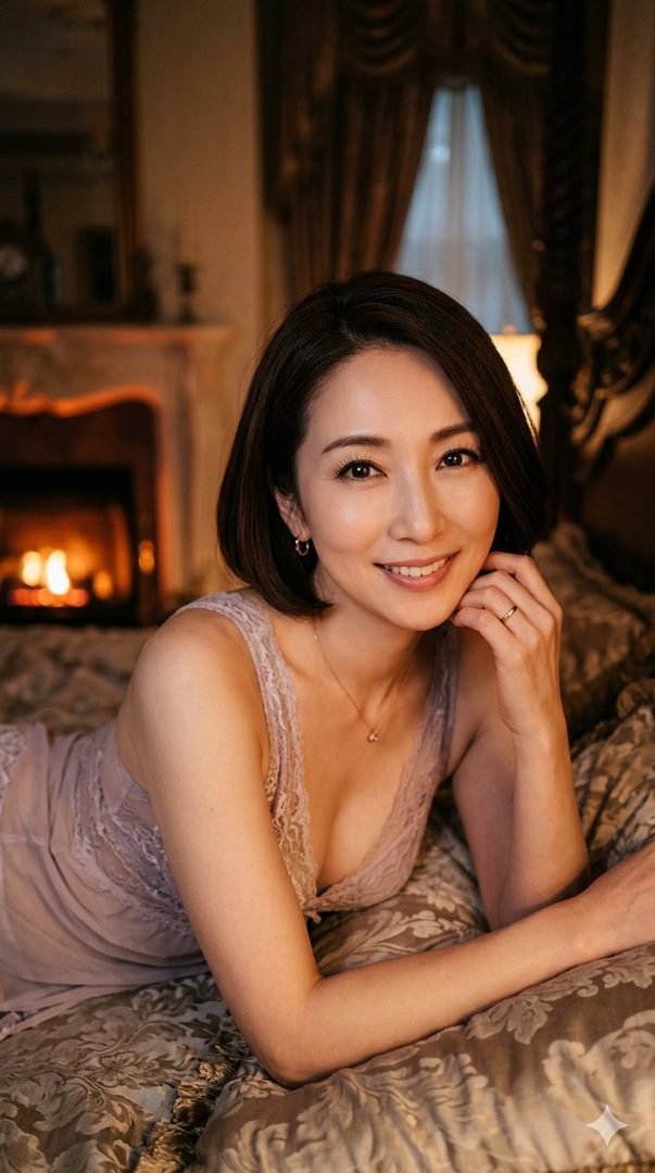 A beautiful Japanese woman with short brown hair smiles while lying on a bed in a dimly lit room with a fireplace.