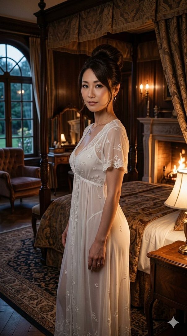 A woman in a sheer white nightgown stands in a luxurious bedroom with a fireplace and large windows.
