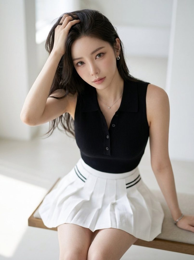 A beautiful AI-generated woman with long dark hair, wearing a black sleeveless polo shirt and a white pleated skirt, sitting indoors.